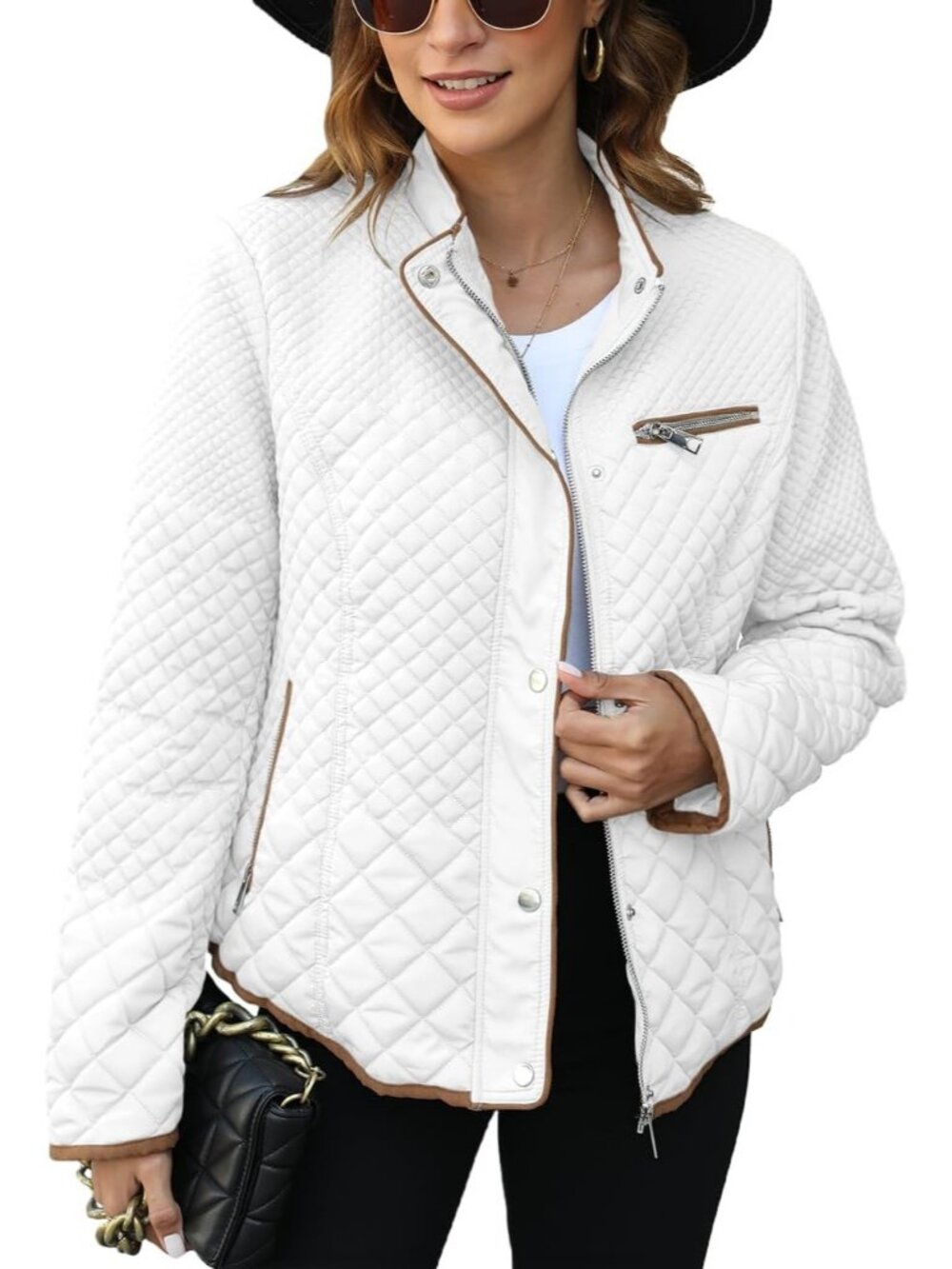 Women's White Diamond Fleece-Lined Front Zipper Quilted Puffer Winter Jacket